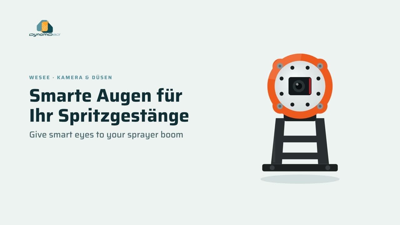 Titelbild der Montage-Animation: eine orangefarbene WeSee-Kamera auf ihrer Halterung, daneben „Smarte Augen für Ihr Spritzgestänge“.
