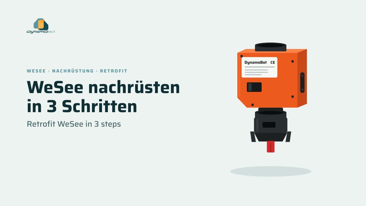 Titelbild der Montage-Animation: ein orangefarbenes WeSee-Modul mit Düsenkappe darunter, daneben „WeSee nachrüsten in 3 Schritten“.