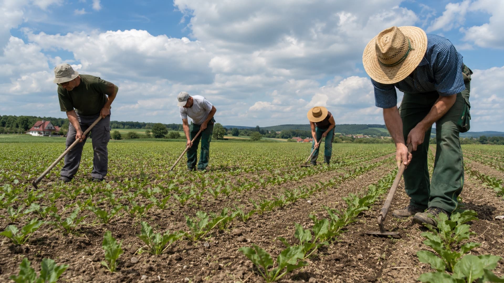 Een rij landarbeiders wiedt met de hand een veld onder de zon.